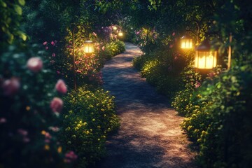 A narrow garden path at night, softly illuminated by garden lanterns. The path is lined with flowers and shrubs, and the surrounding foliage creates a pattern of shadows, adding a mystical quality.