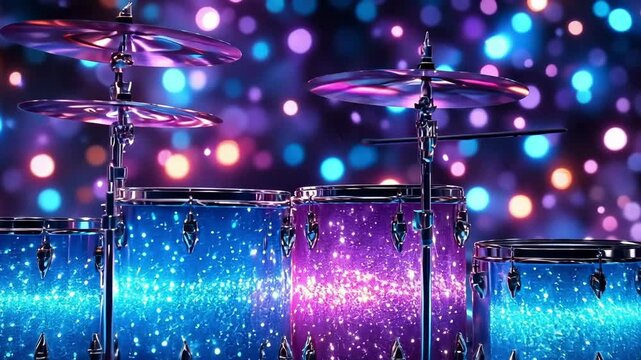 Glittering drum set surrounded by colorful bokeh lights in magical setting. Happy Mardi Gras