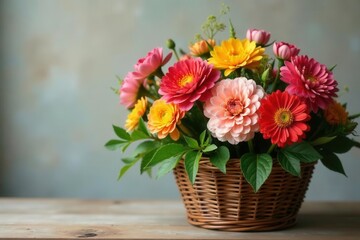 Ranunculus and chrysanthemum flowers in a natural, woven basket, wicker basket, earthy tones, textured stems