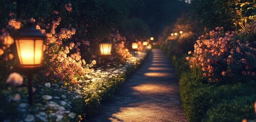 Fototapeta premium A narrow path through a quiet, flower-filled garden at night, illuminated by gentle lanterns along the path. The flowers and shrubs glow softly, creating a serene and magical ambiance.