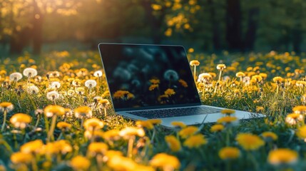 Laptop in Nature Field Outdoors Symbolizing Work Life Balance Flexibility Productivity and Digital Detox