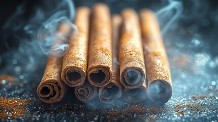 Cinnamon Sticks Artistic Arrangement with Cinnamon Powder and Smoky Atmosphere on Dark Surface