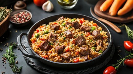 Traditional Mediterranean rice pilaf with lamb and vegetables. Featuring a rich and savory dish. Highlighting the texture and flavors of the pilaf and lamb. Ideal for food and cultural themes.