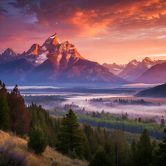 Fototapeta premium Breathtaking mountain landscape with glowing peaks, misty valleys, and a vibrant sunset painting the sky in orange and pink hues