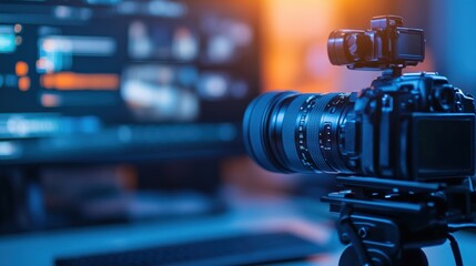 Professional camera on a tripod capturing video content with editing software interface on a computer screen in a modern workspace environment