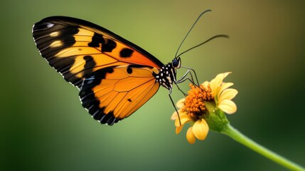 Obraz premium Close-Up of a Vibrant Butterfly Resting Delicately on a Bright Flower with Lush Green Background Capturing the Beauty of Nature in Fine Detail