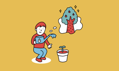 小さな鉢植えが大木に育つようイメージして水やりする男性　未来を楽しみにしているイメージイラスト