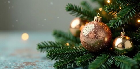Fototapeta premium Shimmering metallic balls on a Christmas wreath, luxury accents, metallic balls