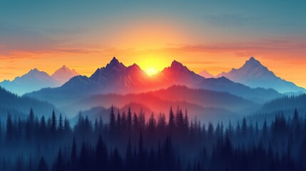 Fototapeta premium Enchanting Sunrise Majesty: Cartoon Mountain Range with Intricate Patterns