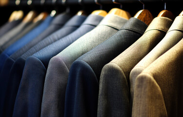 Obraz premium Stylish collection of tailored suits in various colors hanging on display. elegant fabrics showcase range of shades, perfect for formal occasions and professional settings