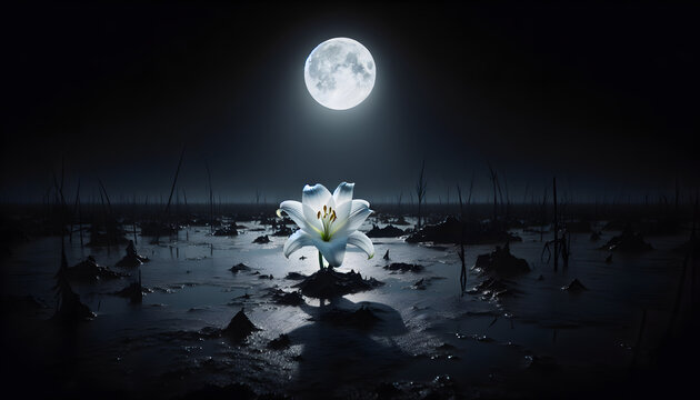 White Lily Illuminated by Moonlight in a Dark Swamp