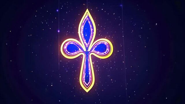 Vibrant neon fleur-de-lis with sparkling stars on dark background. Happy Mardi Gras