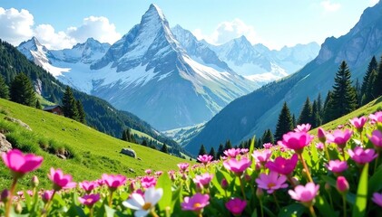 Snow-covered mountains with blooming alpine flowers in the foreground, greenery, snow, serene