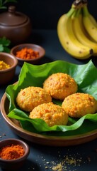 Banana leaf wrapped around a steaming hot vada, bananas, utensils, spices