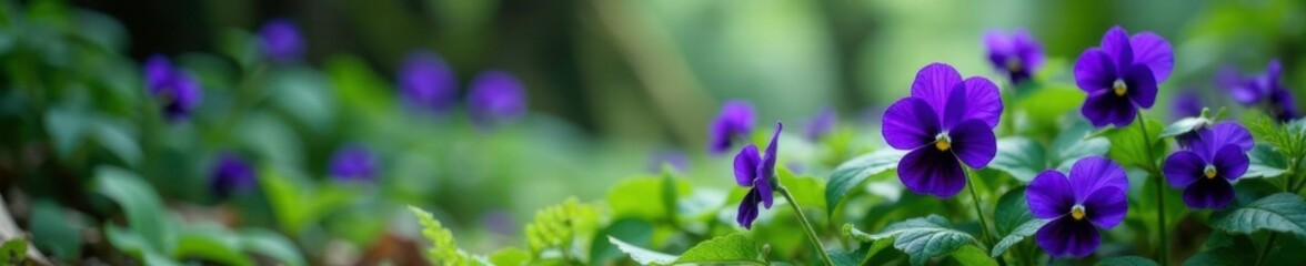 Obraz premium Dark purple pansies bloom amidst blue nemophora ferns, foliage, forest