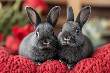 Two black rabbits on red background with studio lighting.