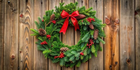 A festive holiday wreath made of evergreen branches, holly