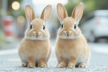 Fototapeta premium Two Brown Rabbits, Standing and Sitting, Full Body on White Background in High - Definition Style