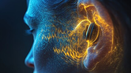 Close-up of a photorealistic ear with a sleek modern hearing aid, transitioning into bold yellow and blue stylized soundwave graphics that symbolize enhanced hearing clarity 