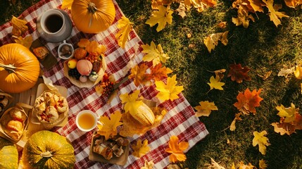Naklejka premium Autumn Picnic Delight: A Feast Amongst Fall Leaves