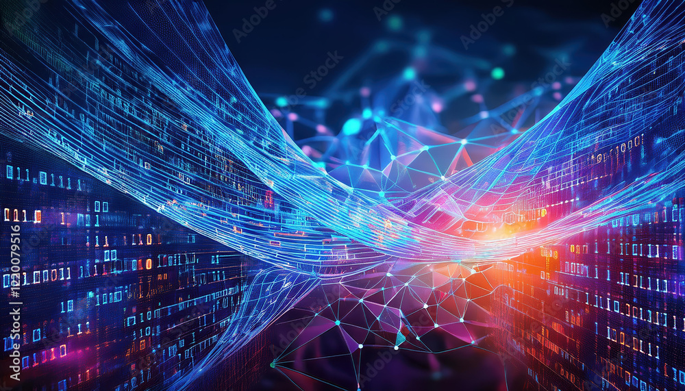 Poster 3d illustration of interconnected data cells with flowing binary code elements