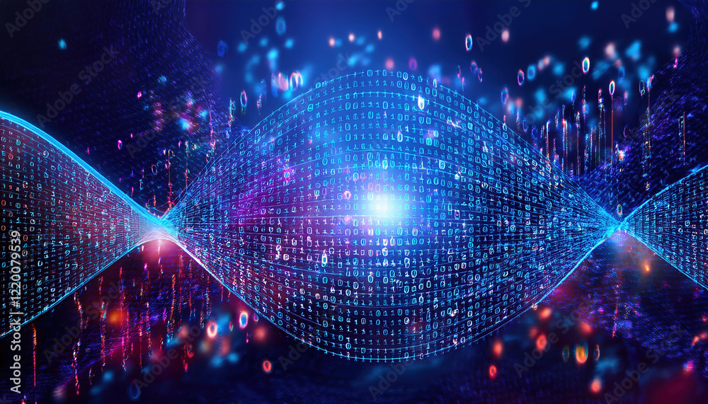 Poster digital wave of binary code with glowing elements and vibrant colors
