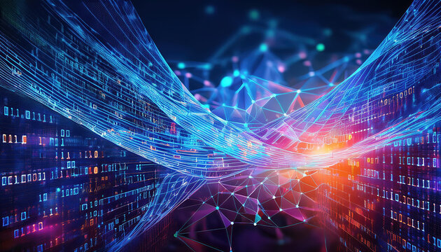 3D illustration of interconnected data cells with flowing binary code elements