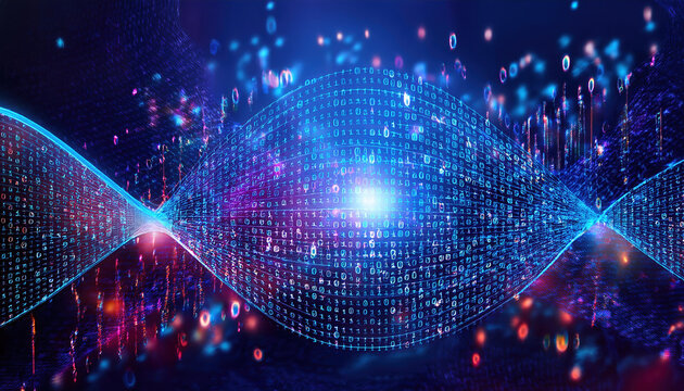 Digital wave of binary code with glowing elements and vibrant colors