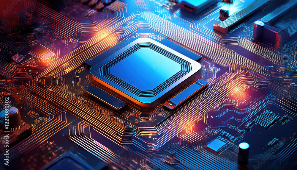 Poster high tech cpu chip on motherboard with intricate circuit patterns and vibrant colors
