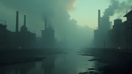 Naklejka premium Factories and skyscrapers loom through the smog at dawn, highlighting industrial pollution and urban decay along a river.