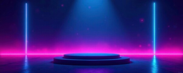 Dark sky with neon light gradient behind empty podium, spotlight, neon lights, starry