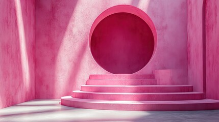 Minimal pink stage with circle podium, soft rose shadows, ideal for showcasing cosmetic products.