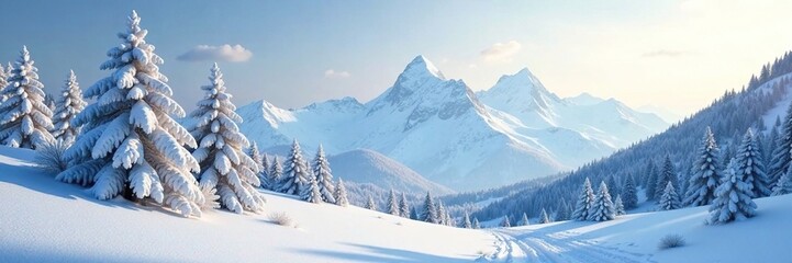Frosty landscape with snow-covered trees and a distant mountain range, icy landscape, winter wonderland, snowflake