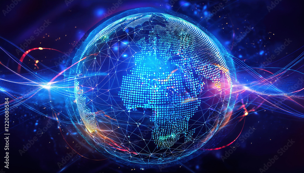 Poster digital globe with glowing network nodes and swirling data streams