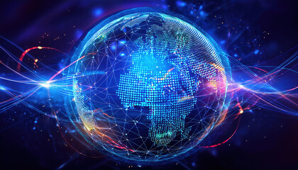 Obraz premium Digital globe with glowing network nodes and swirling data streams