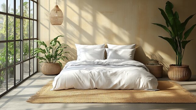 Modern scandi boho bedroom interior with decorative pillows, green plant, and empty wall for poster mockups.