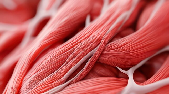 Close-up of intricate red muscle fibers, showing texture and structure.