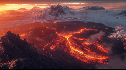 Fototapeta premium breathtaking view of volcanic landscape with flowing lava, surrounded by mountains and glaciers. vibrant colors of lava contrast beautifully with icy terrain, creating dramatic scene