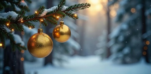 Golden ornaments hanging from a branch in a cozy forest, holiday lights, branches, snowy woods