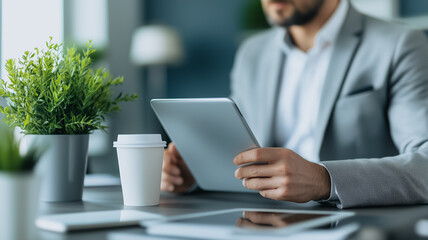 Focused on the Task: A businessman in a stylish suit sits at a desk, deeply engrossed in his tablet,  symbolizing professionalism and efficiency.  