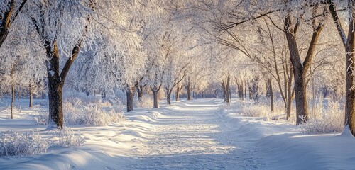 Obraz premium A peaceful, frost-covered park with snow-laden trees and icy pathways, where every surface glistens with a layer of white frost. 
