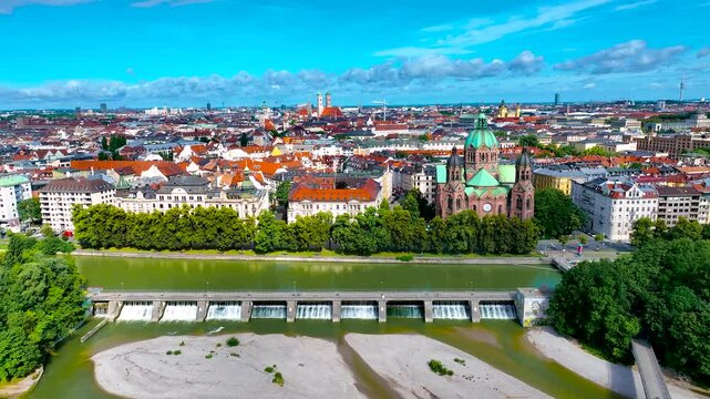 Aerial view of river Isar, St Lukas Kirche and cemtral Munich, Germany, Europe