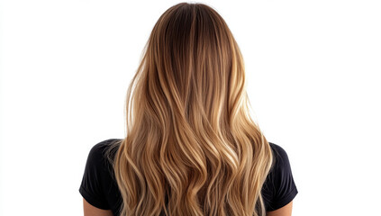 Fototapeta premium Long blonde hair with ombre effect, flowing elegantly from back. soft waves create beautiful texture, highlighting blend of darker and lighter shades