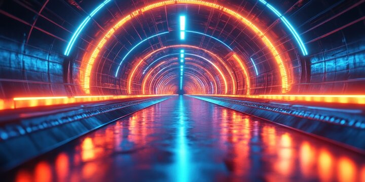 Futuristic Digital Tunnel with Vibrant Neon Lights and Abstract Composition Featuring Modern Technology