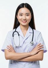 Fototapeta premium Photo of young asian woman folding hands . a confident doctor with a happy face. plain white background . Ai generative 