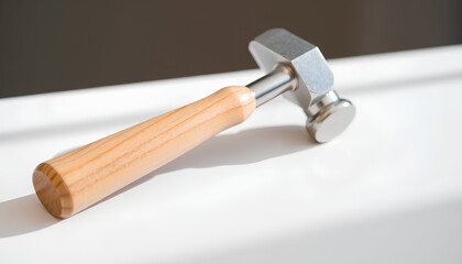 A hammer and nails on a wooden surface with a rusty metal tool