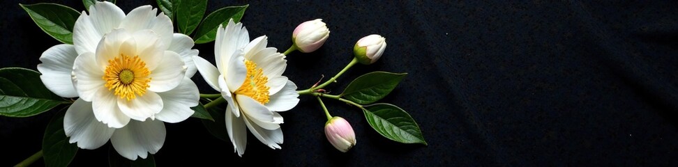 Obraz premium White peonies on a black linen background with empty space around them, romantic, peonies, floral