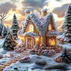 Fototapeta premium Whimsical Gingerbread House in Pastel Colors with Cozy Holiday Spirit and Snowy Landscape