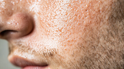 Obraz premium Close up of human skin showing texture, pores, and facial hair, highlighting natural features and skin condition. image captures details of skin health and appearance