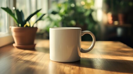 A simple white mug sits on a wooden table, surrounded by green plants and soft sunlight.